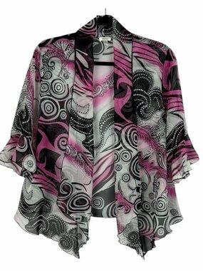 Nicola Artsy Open Front 3/4 Sleeve Ruffle Trim Sheer Kimono XL Black Pink